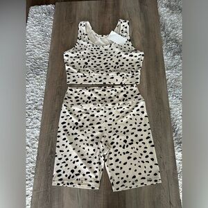 RIVIR Dalmatian print workout set - top Sz large // bottoms Sz large 6” inseam
